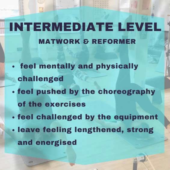 Intermediate Level, matwork & reformer: feel mentally and physically challenged, feel pushed by the choreography of the exercises, feel challenged by the equipment, leave feeling lengthened, strong and energised